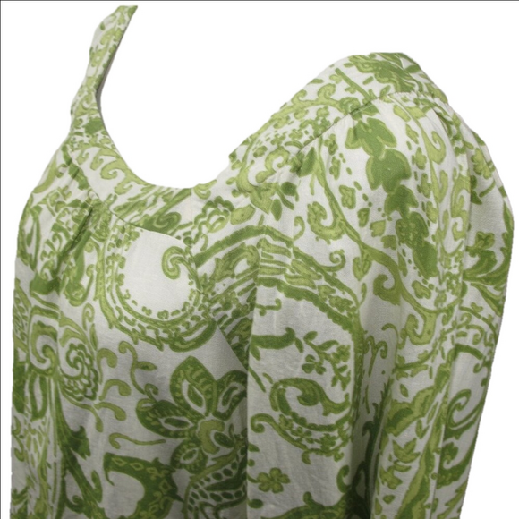 Nicole Miller Boho Green/White Paisley Cropped Linen Blend Blouse Size Medium - Picture 2 of 6
